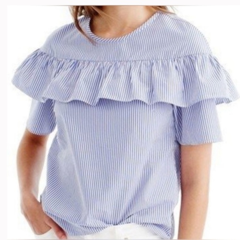 J. Crew Edie Blue and White Striped Ruffle Blouse